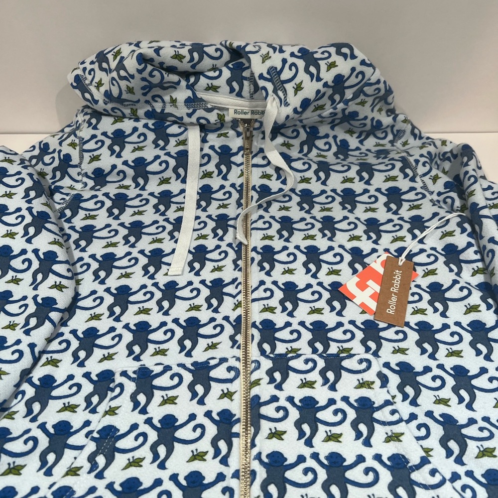 Roller Rabbit Blue Monkey Print Zip Hoodie with Green Accents